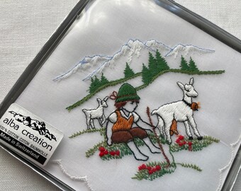 Darling Embroidered Swiss Boy with Goats on Mountainside~Vintage Hanky MIB~"Alba Creation" Switzerland Label