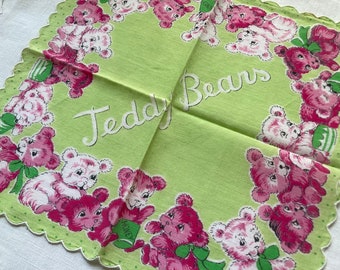 TEDDY BEARS~Vintage Child's Hanky~Adorable Pink and Green~So Darling!