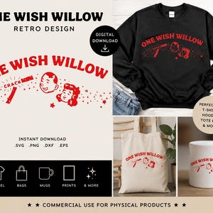 May include: A black sweatshirt, a beige tote bag, and a white ceramic mug, each featuring a red graphic design with the text ONE WISH WILLOW, a crack illustration, and two cartoon faces surrounded by small stars and dots.