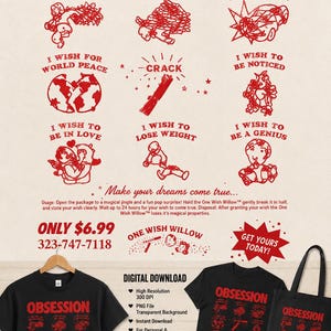Puede incluir: Una camiseta negra y una bolsa de tela negra con un estampado gráfico rojo titulado OBSESSION. El diseño incluye ocho ilustraciones con texto como I WISH TO BE FAMOUS, I WISH TO BE RICH, I WISH FOR A SPORTSCAR, I WISH FOR WORLD PEACE, CRACK, I WISH TO BE NOTICED, I WISH TO BE IN LOVE, I WISH TO LOSE WEIGHT e I WISH TO BE A GENIUS.