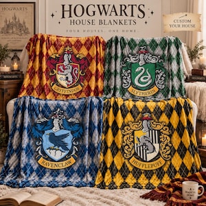May include: Four fleece blankets featuring the Hogwarts house crests of Gryffindor, Slytherin, Ravenclaw, and Hufflepuff. Each blanket displays a diamond argyle pattern in house colors with a central shield emblem. Text reads HOGWARTS HOUSE BLANKETS.