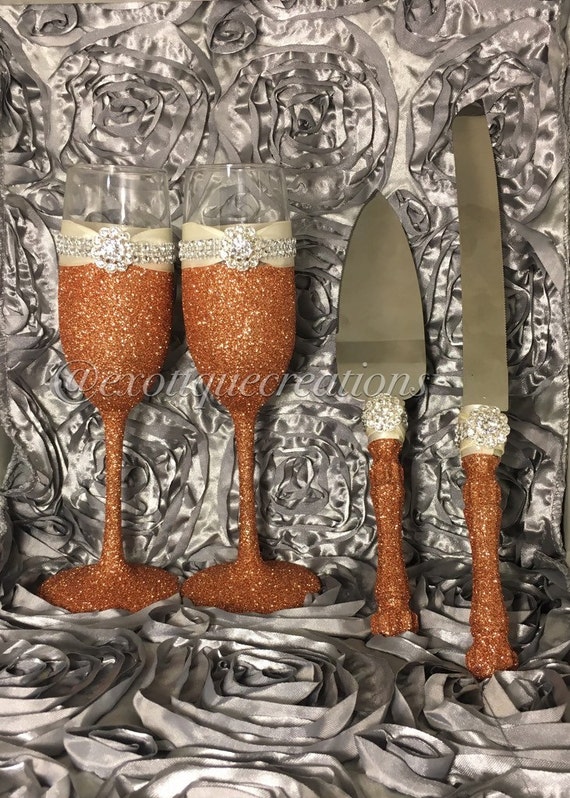 Items similar to Copper and Ivory Wedding Cake Cutter Set and Champange