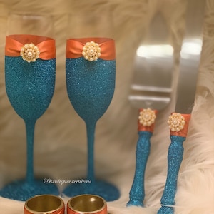 Turquoise Copper Wedding Set  with matching napkin rings, cake cutting set, wedding, toasting flutes, cake and knife set