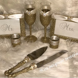 Gold and Ivory Toasting Flutes-Cake Cutter Set-Candle Holders and 4x6 Frames Toasting Flutes, Champagne Glasses