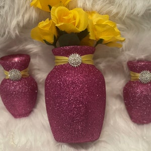 Fuchsia and Yellow Centerpiece Set of 3 Vase Centerpiece Wedding Centerpieces,  Table Centerpiece, Wedding, Custom Flower Vase