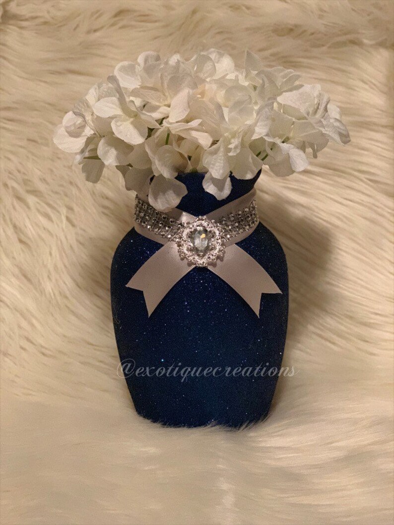 Navy Blue and Silver Vase Centerpiece, Table Centerpiece, Wedding