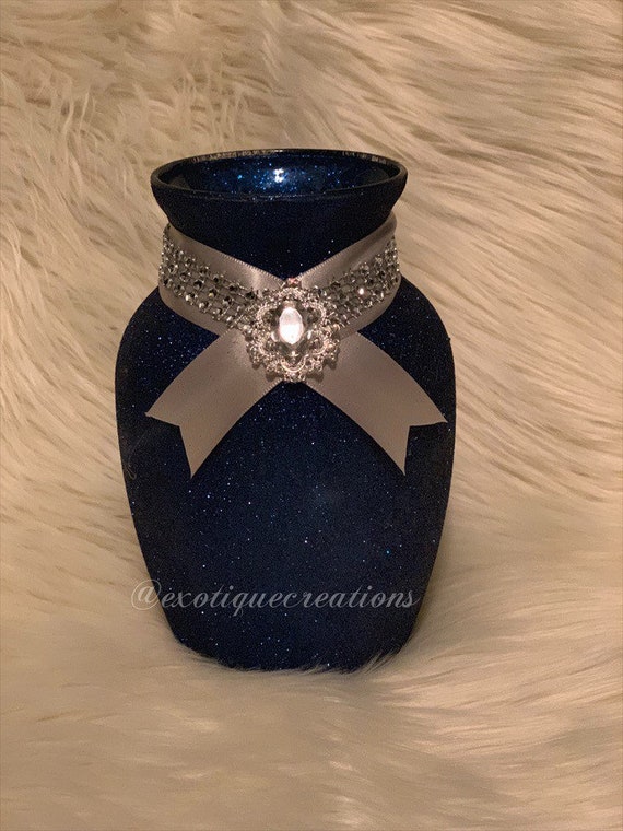 Navy Blue And Silver Vase Centerpiece Etsy
