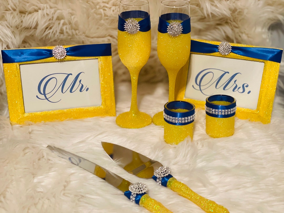 Yellow and Royal Blue 8pc Wedding Set Cake Cutting Set, Wedding