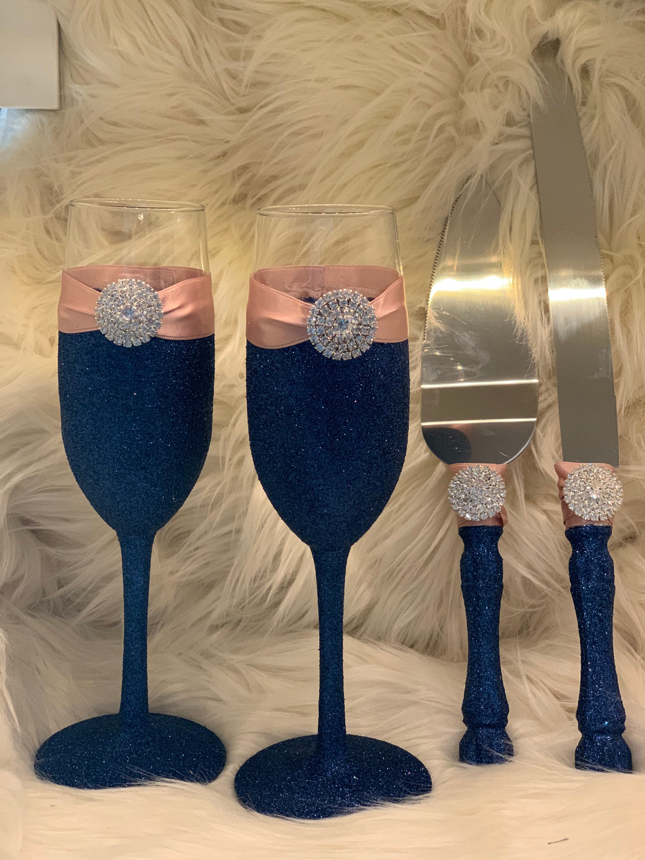 Engraved Navy Blue Wedding Champagne Glasses Vintage Wedding Toasting