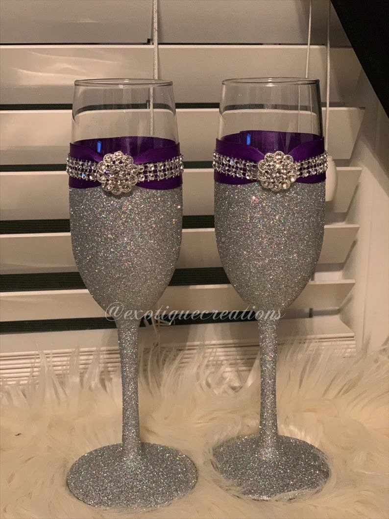 Wedding Flutes and Cake Cutter Set Silver Bling and Purple, Wedding