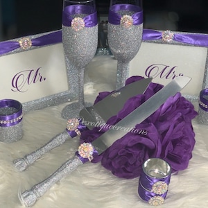 Toasting Set , Silver with BLING and Purple Wedding Set, toasting Flutes, cake server,cake cutter,frames,candle holder, brides gift SP2