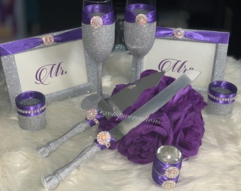 Toasting Set , Silver with BLING and Purple Wedding Set, toasting Flutes, cake server,cake cutter,frames,candle holder, brides gift SP2