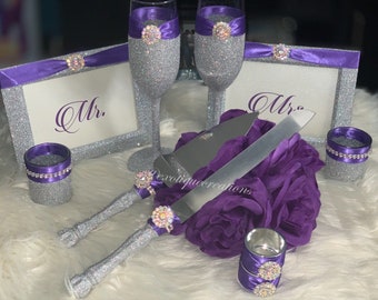 Toasting Set , Silber mit BLING und Lila Hochzeit Set, Toasting Flutes, Tortenheber,Torten Ausstecher,Kerzenhalter,Braut Geschenk SP2