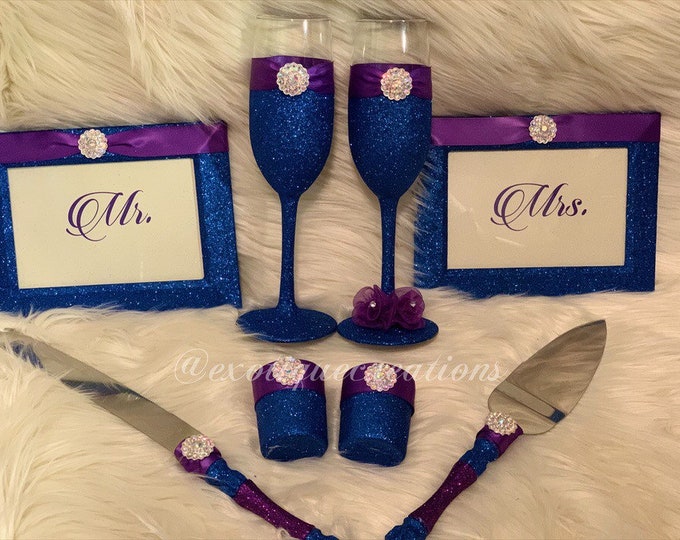 Royal Blue and Purple 8pc Wedding Set, Toasting Flutes, Champagne Set