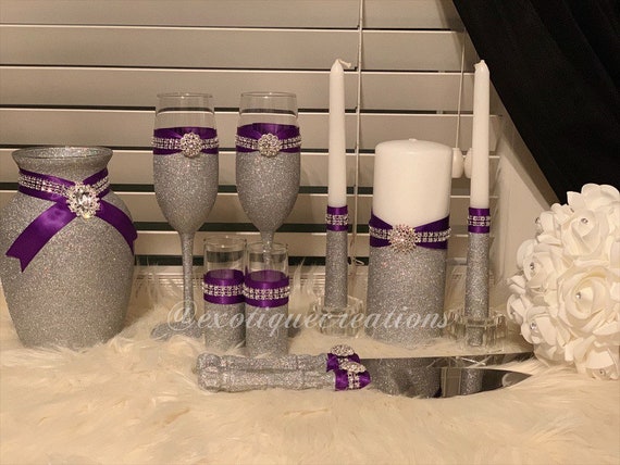 Wedding Flutes And Cake Cutter Set Silver Bling And Purple Etsy