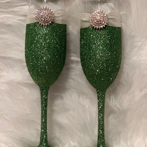 Wedding Toasting Flutes, Emerald Green and Gold with Ivory Toasting Flutes, Champagne Glasses,