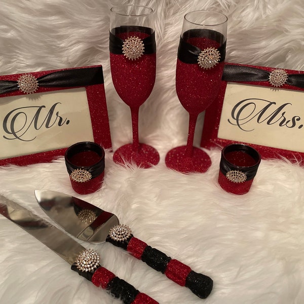 Cherry Red and Black 8pc Wedding Set Wedding Gift Champagne Flutes, cake cutting set, wedding, toasting flutes, cake and knife set