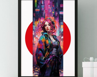 Woman in Kimono, Gift Idea, Illustrations, Typography, Wall Art Decor, Art Poster Digital Print