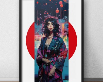 Woman in Kimono, Gift Idea, Illustrations, Typography, Wall Art Decor, Art Poster Digital Print