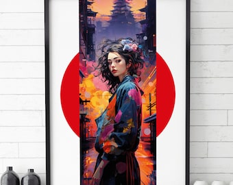 Woman in Kimono, Gift Idea, Illustrations, Typography, Wall Art Decor, Art Poster Digital Print