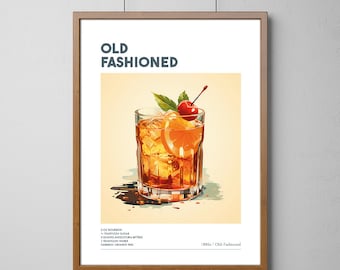 Old Fashioned Poster, Minimalist Cocktail Art, Alcohol Print, Bar Cart Decor, Digital Download PRINTABLE Bar Cart Art