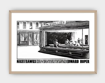 Nighthawks Black and White Art Poster, Edward Hopper, Gift Idea, Illustrations, Typography, Wall Art Decor, Art Poster Digital Print