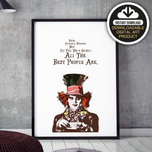 The Mad Hatter Poster, Alice In Wonderland, Johnny Depp, Illustrations, Typography, Gift Idea, Wall Hanging Wall Art Decor