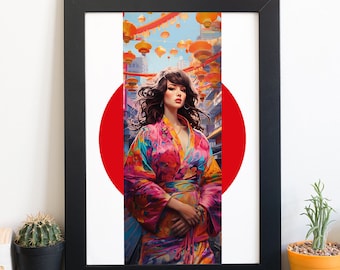 Woman in Kimono, Gift Idea, Illustrations, Typography, Wall Art Decor, Art Poster Digital Print