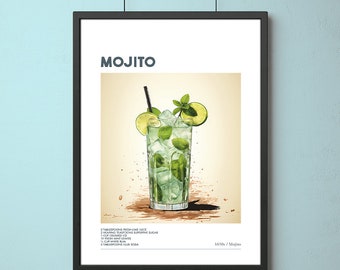 Mojito Poster, Minimalist Cocktail Art, Alcohol Print, Bar Cart Decor, Digital Download PRINTABLE Bar Cart Art