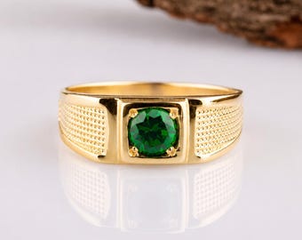 Mens 14k Yellow Gold Emerald Signet Ring, Classic Green Stone Solitaire Ring, Textured Gold Statement Ring