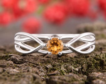 Citrine Engagement Ring, Sterling Silver Celtic Knot November Birthstone Promise Ring for Her