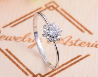 Minimalist dainty 925 sterling silver snowflake promise ring for her, Small elegant womens promise ring,Delicate art deco cz engagement ring