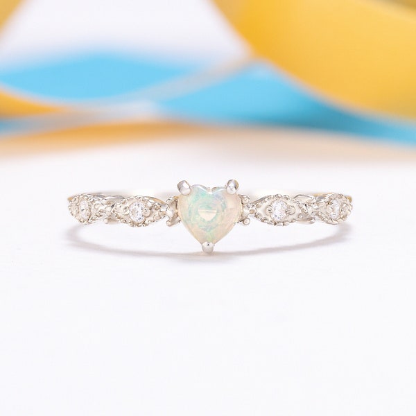Art Deco heart opal women promise ring, Unique silver heart opal engagement ring, Heart wedding ring, Gemstone ring, Anniversary ring gift