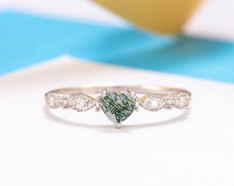 Dainty heart moss agate promise ring for her, Unique heart moss agate engagement ring, Birthstone ring, Birthday gift for her, Gemstone ring