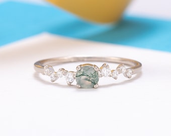 Unique moss agate promise ring for her, Dainty minimalist moss agate engagement ring, Gemstone ring, Birthstone ring, Birthday gift for her