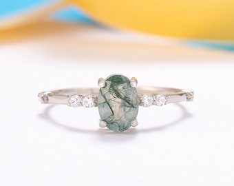 Unique oval moss agate silver engagement ring, Dainty moss agate promise ring for her, Moss agate jewelry, Anniversary ring,Green stone ring