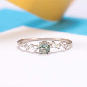 Unique moss agate promise ring for her, Dainty minimalist moss agate engagement ring, Gemstone ring, Birthstone ring, Birthday gift for her