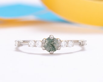 Moss agate silver promise ring, Unique women moss agate ring, Dainty moss agate engagement ring, Anniversary ring, Birthstone ring