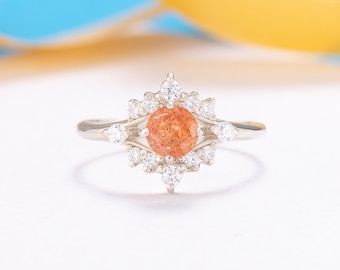 Unique Art Deco 1ct sunstone engagement ring, Sterling silver sunstone promise ring for her, Unique gemstone ring, Custom birthstone ring