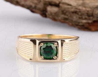 Anniversary gift for husband, Unique solitaire emerald ring for him, 14k yellow gold signet emerald ring, Gift for dad ring, Gift for him