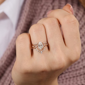 Dainty 14k rose gold womens art deco engagement rings set, Unique bridal rings set, Antique style tiny wedding rings set, Promise rings set