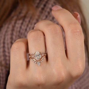 Antique style tiny wedding rings set, Promise rings set, Dainty 14k rose gold womens art deco engagement rings set, Unique bridal rings set