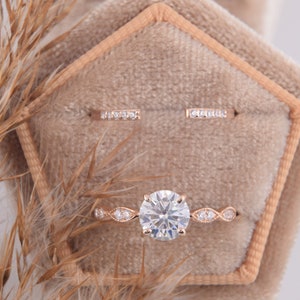 14k rose gold dainty art deco womens wedding rings set, Unique tiny victorian round cut cz engagement rings set, Promise rings set for her