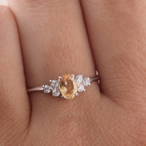 Anello di promessa in argento sterling 925 con citrino in stile art déco per lei, anello di promessa da donna unico, anello di fidanzamento da donna in argento con citrino in stile art déco