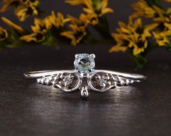 Womens blue topaz silver ring, Unique small & dainty art deco topaz promise ring for her, Delicate filigree silver promise ring