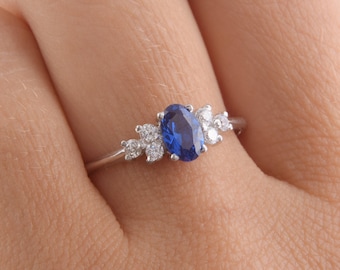 Dainty silver blue sapphire promise ring for her, Unique art deco womens promise ring, Simple antique sapphire engagement ring