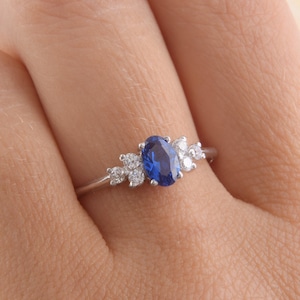 Dainty silver blue sapphire promise ring for her, Unique art deco womens promise ring, Simple antique sapphire engagement ring