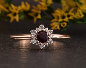 Unique dainty 14k rose gold snowflake garnet promise ring for her, Small art deco womens garnet engagement ring, Gift for girlfriend ring