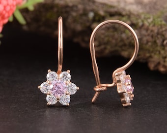 14k Rose Gold Dainty Flower Earrings, Womens Gold Dangle Earrings, Tiny Womens Earrings, Elegant Earrings Gold