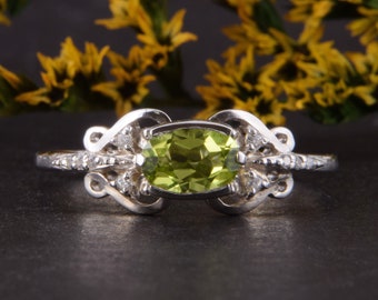 Unique womens peridot engagement ring, Art deco engagement ring for her, Womens sterling silver ring, Antique ring, Peridot jewelry